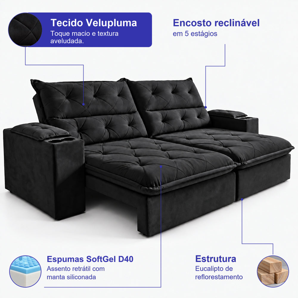 Sofá Retrátil e Reclinável Amalfi com Espuma SoftGel e Carregador USB/USB-C Velupluma Cama inBox