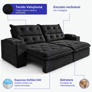 Sofá Retrátil e Reclinável Amalfi com Espuma SoftGel e Carregador USB/USB-C Velupluma Cama inBox