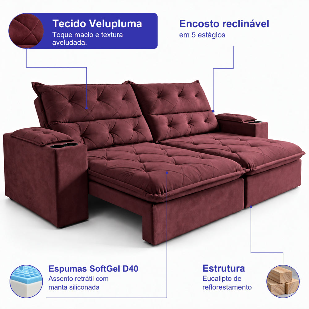 Sofá Retrátil e Reclinável Amalfi com Espuma SoftGel e Carregador USB/USB-C Velupluma Cama inBox