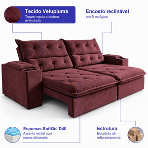 Sofá Retrátil e Reclinável Amalfi com Espuma SoftGel e Carregador USB/USB-C Velupluma Cama inBox