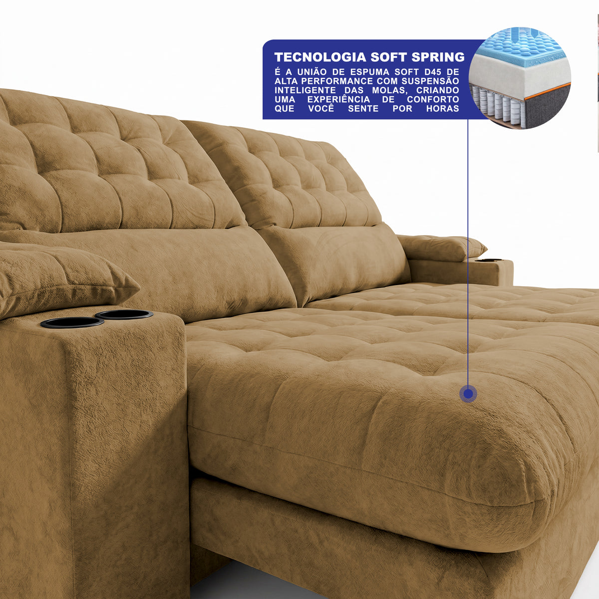 Sofá Retrátil e Reclinável Arena com Molas Ensacadas e Carregador USB-C Bouclê Cama inBox