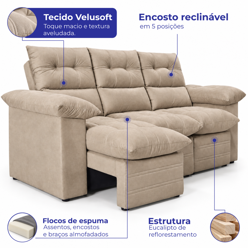 Sofá 3 Lugares Retrátil e Reclinável Lyon Velusoft Cama inBox