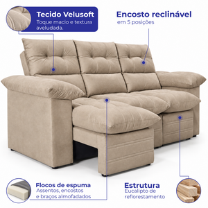 Sofá 3 Lugares Retrátil e Reclinável Lyon Velusoft Cama inBox