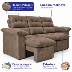 Sofá 3 Lugares Retrátil e Reclinável Lyon Velusoft Cama inBox