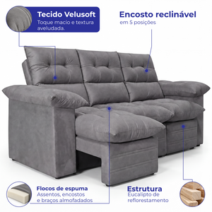 Sofá 3 Lugares Retrátil e Reclinável Lyon Velusoft Cama inBox