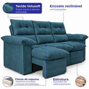 Sofá 3 Lugares Retrátil e Reclinável Lyon Velusoft Cama inBox