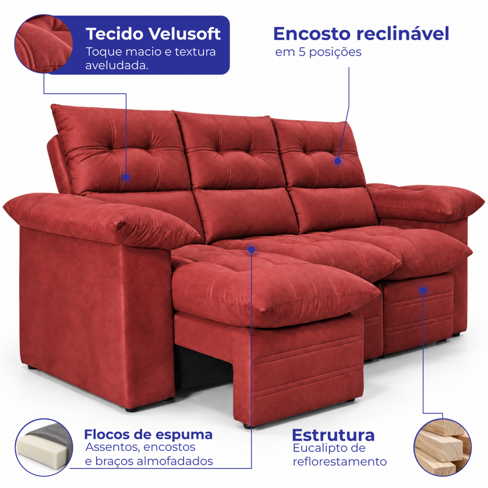Sofá 3 Lugares Retrátil e Reclinável Lyon Velusoft Cama inBox