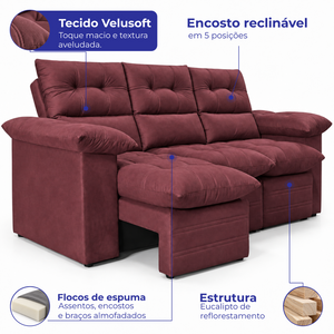 Sofá 3 Lugares Retrátil e Reclinável Lyon Velusoft Cama inBox