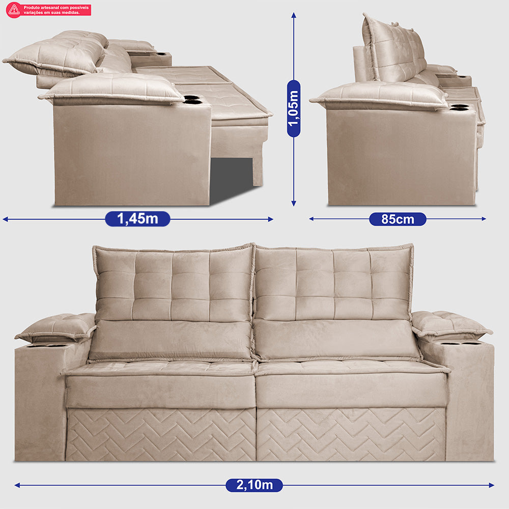 Sofá Retrátil e Reclinável 2,10m Verona com Porta Copos Velupluma Cama inBox