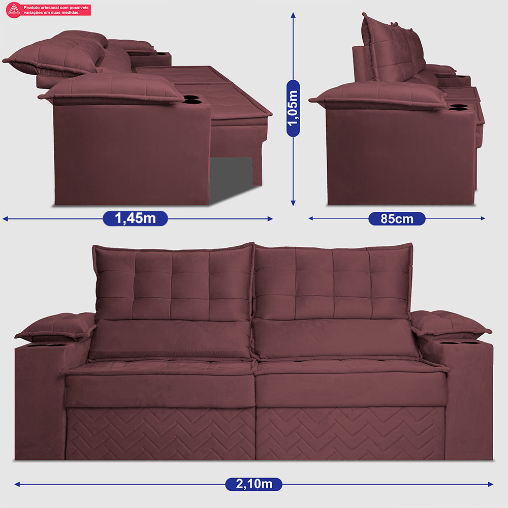 Sofá Retrátil e Reclinável 2,10m Verona com Porta Copos Velupluma Cama inBox