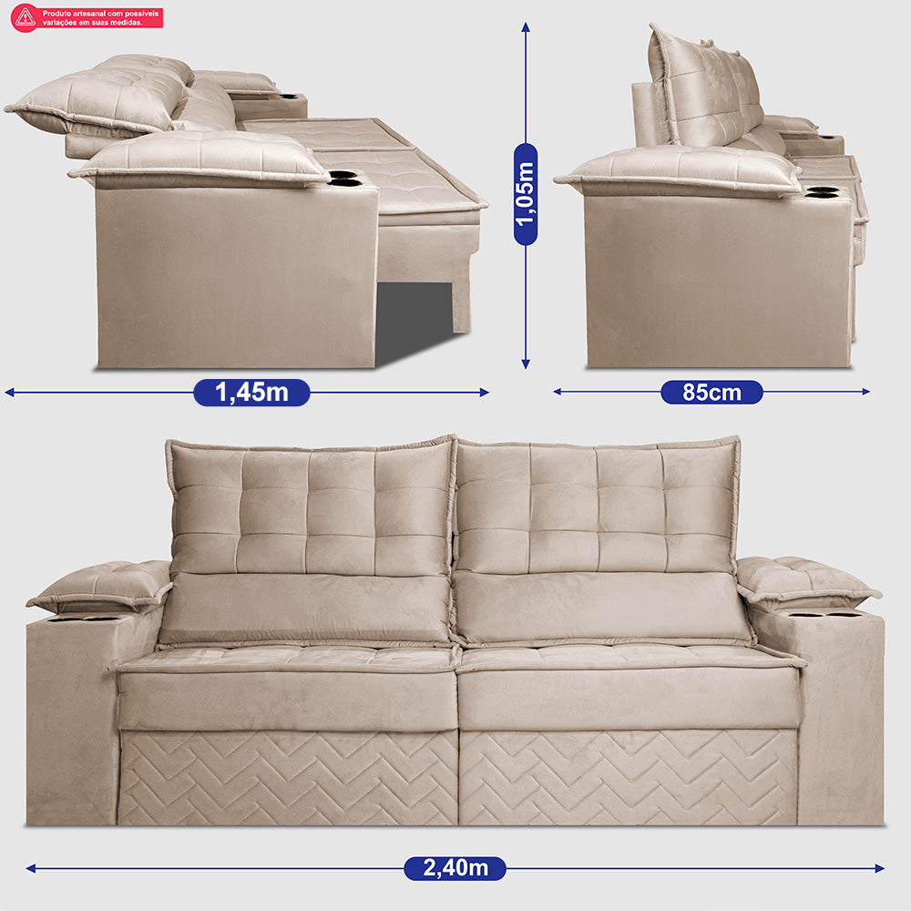 Sofá Retrátil e Reclinável 2,40m Verona com Porta Copos Velupluma Cama inBox