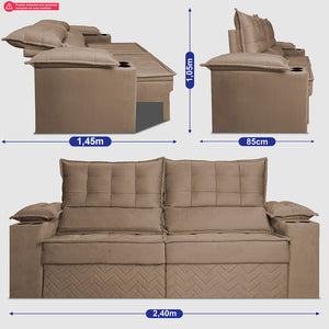 Sofá Retrátil e Reclinável 2,40m Verona com Porta Copos Velupluma Cama inBox