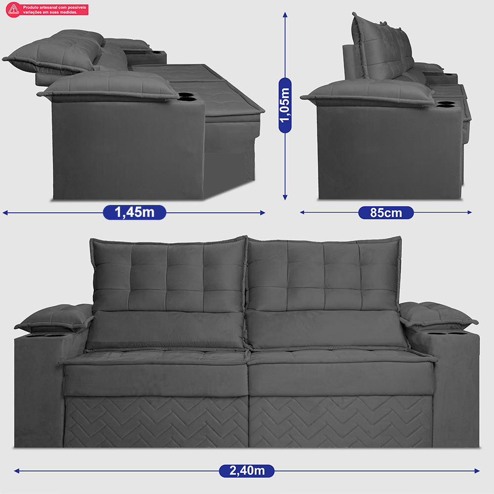 Sofá Retrátil e Reclinável 2,40m Verona com Porta Copos Velupluma Cama inBox