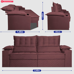 Sofá Retrátil e Reclinável 2,40m Verona com Porta Copos Velupluma Cama inBox