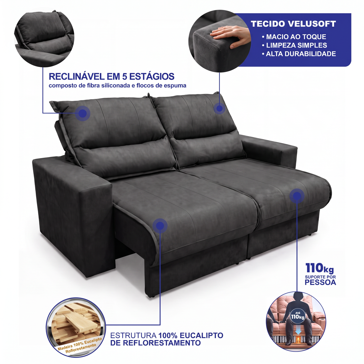 Sofá Retrátil e Reclinável Smart Clean Tecido Velusoft Cama inBox