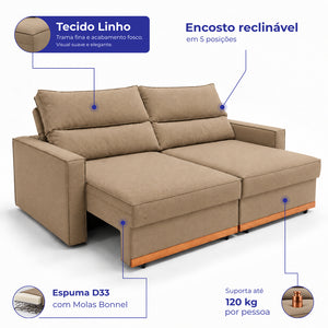 Sofá Retrátil e Reclinável Toronto com Espuma D33 Linho Cama inBox