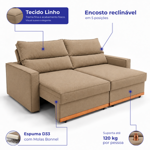 Sofá Retrátil e Reclinável Toronto com Espuma D33 Linho Cama inBox