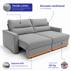 Sofá Retrátil e Reclinável Toronto com Espuma D33 Linho Cama inBox