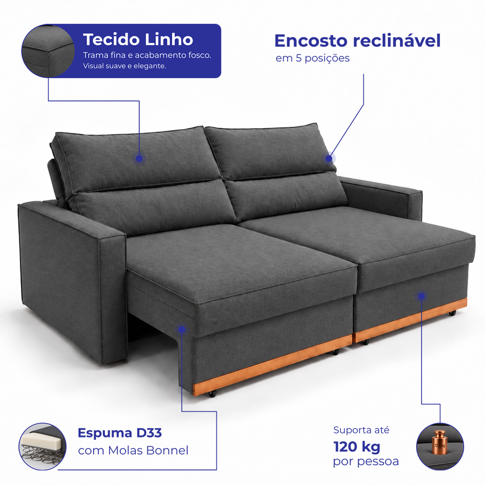 Sofá Retrátil e Reclinável Toronto com Espuma D33 Linho Cama inBox