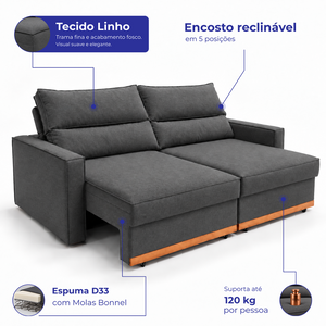 Sofá Retrátil e Reclinável Toronto com Espuma D33 Linho Cama inBox