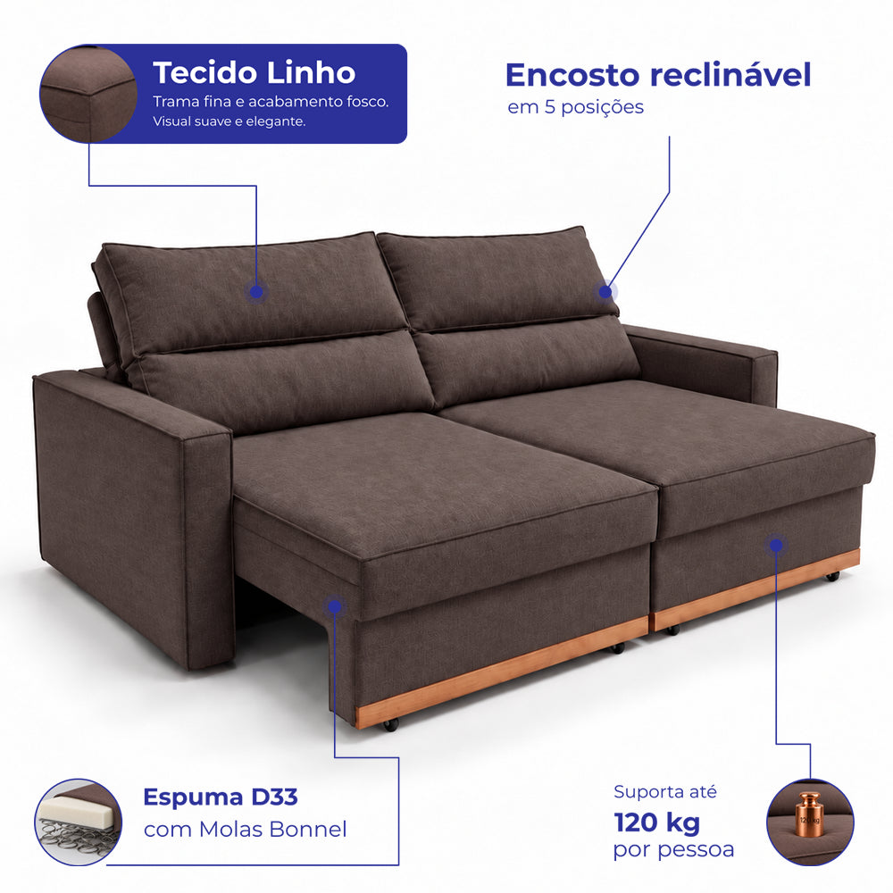 Sofá Retrátil e Reclinável Toronto com Espuma D33 Linho Cama inBox