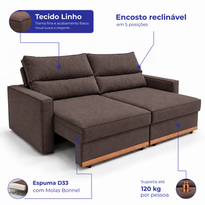 Sofá Retrátil e Reclinável Toronto com Espuma D33 Linho Cama inBox