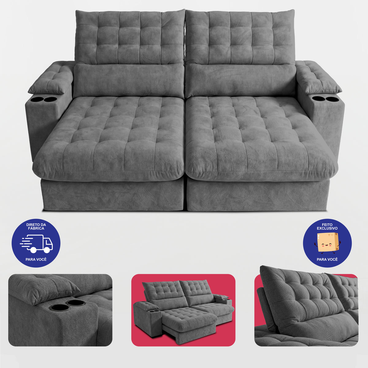 Sofá Retrátil e Reclinável Arena com Molas Ensacadas e Carregador USB-C Bouclê Cama inBox