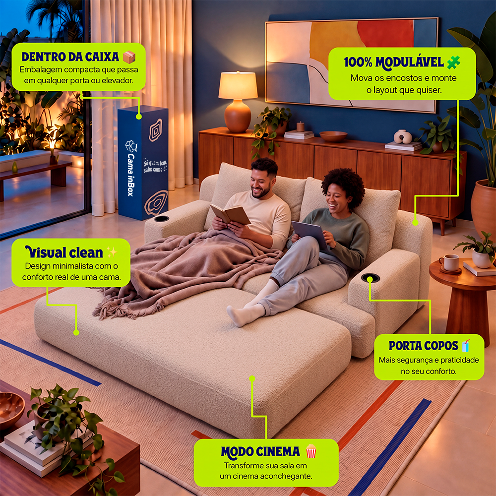 Sofá Cama Nami Xpand Tech a Vácuo Bouclê Cama inBox