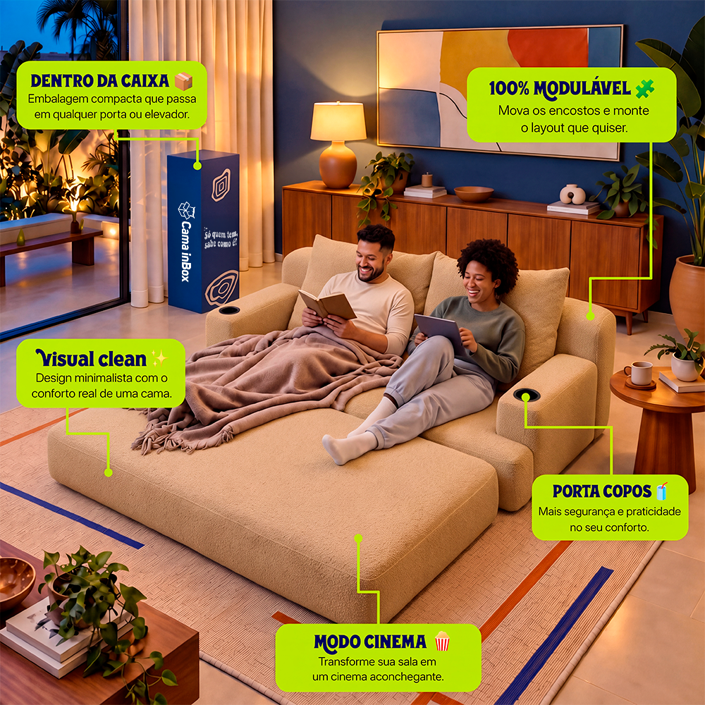 Sofá Cama Nami Xpand Tech a Vácuo Bouclê Cama inBox