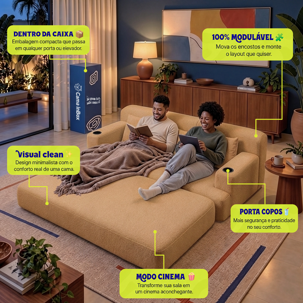 Sofá Cama Nami Xpand Tech a Vácuo Bouclê Cama inBox