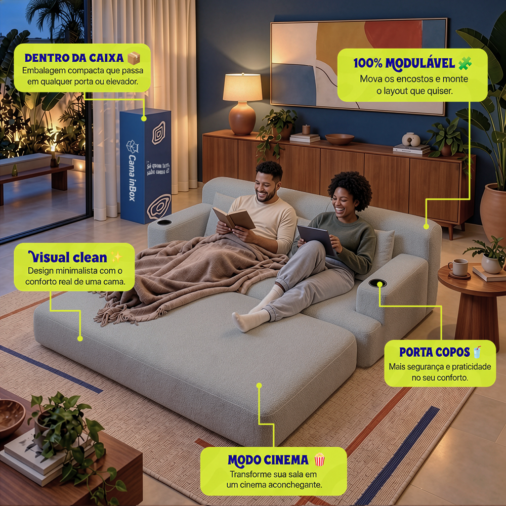 Sofá Cama Nami Xpand Tech a Vácuo Bouclê Cama inBox