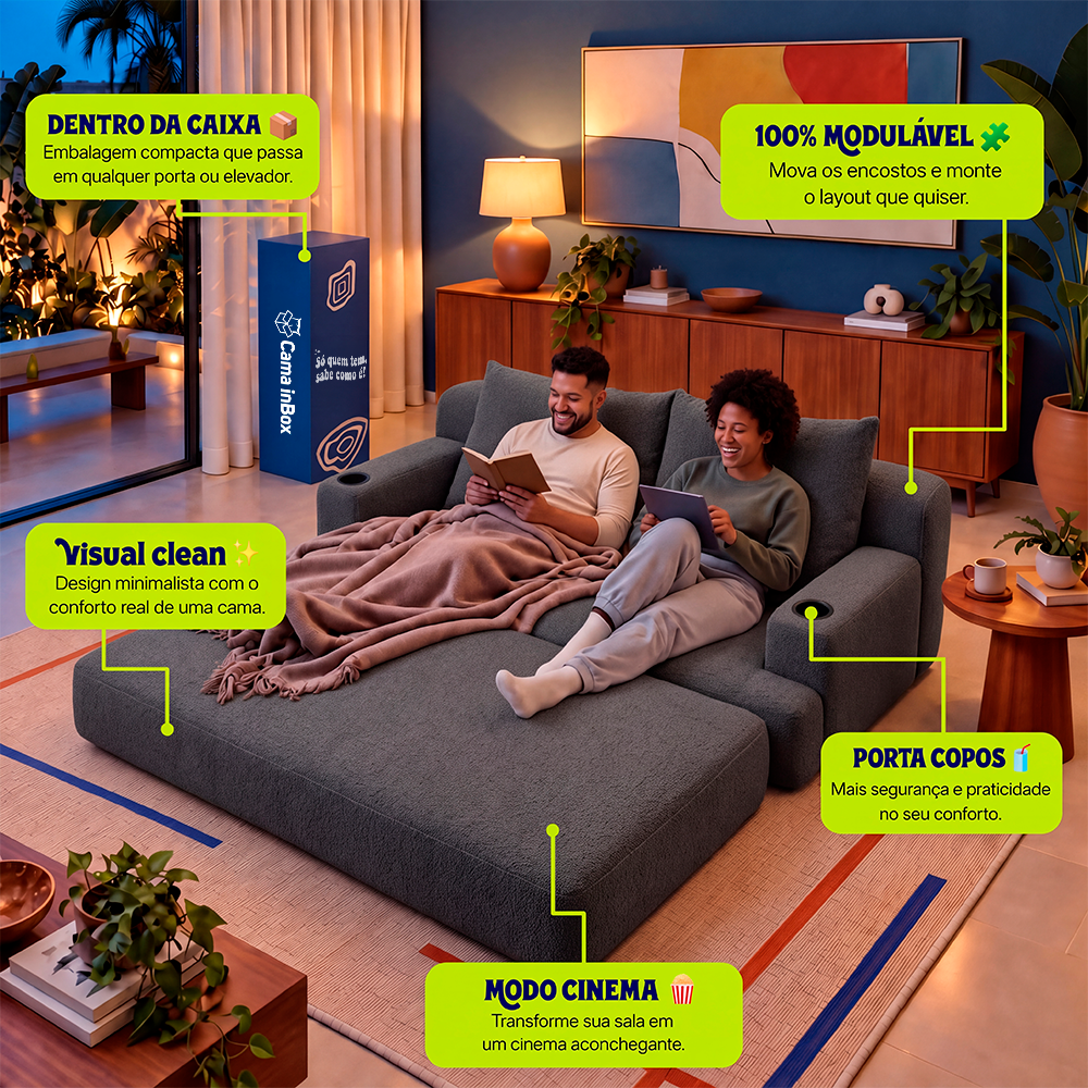 Sofá Cama Nami Xpand Tech a Vácuo Bouclê Cama inBox