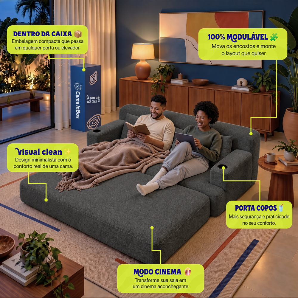 Sofá Cama Nami Xpand Tech a Vácuo Bouclê Cama inBox