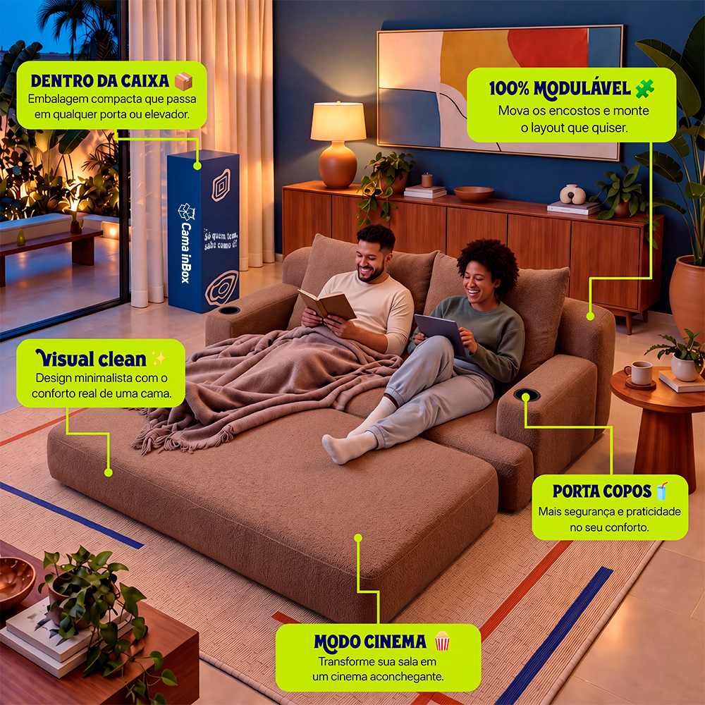 Sofá Cama Nami Xpand Tech a Vácuo Bouclê Cama inBox
