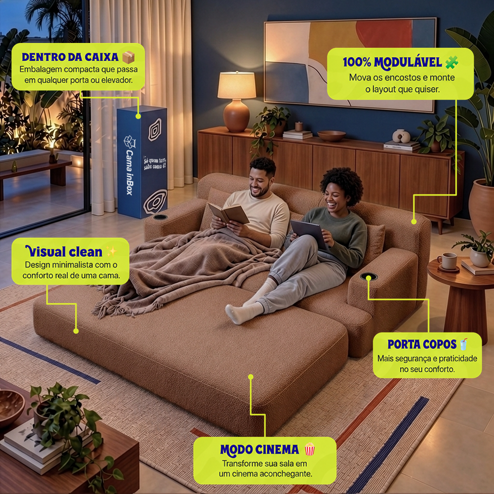 Sofá Cama Nami Xpand Tech a Vácuo Bouclê Cama inBox
