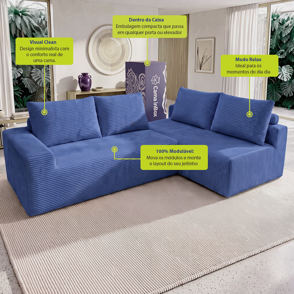Sofá de Canto Modular Vibe Direito 2,70m x 1,70m Xpand Tech Tecido Velourê Cama inBox