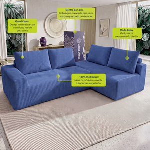 Sofá de Canto Modular Vibe Direito 2,70m x 1,70m Xpand Tech Tecido Velourê Cama inBox