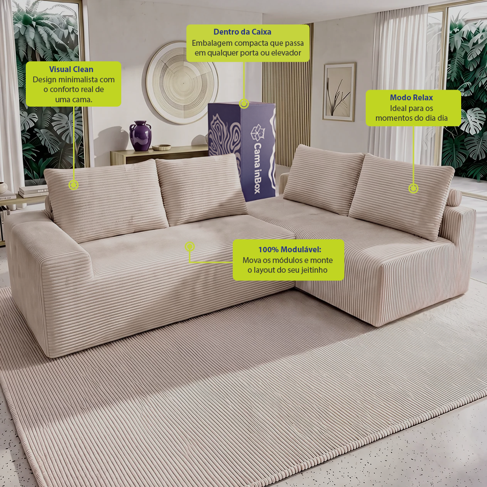 Sofá de Canto Modular Vibe Direito 2,70m x 1,70m Xpand Tech Tecido Velourê Cama inBox