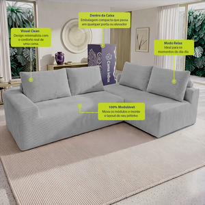 Sofá de Canto Modular Vibe Direito 2,70m x 1,70m Xpand Tech Tecido Velourê Cama inBox