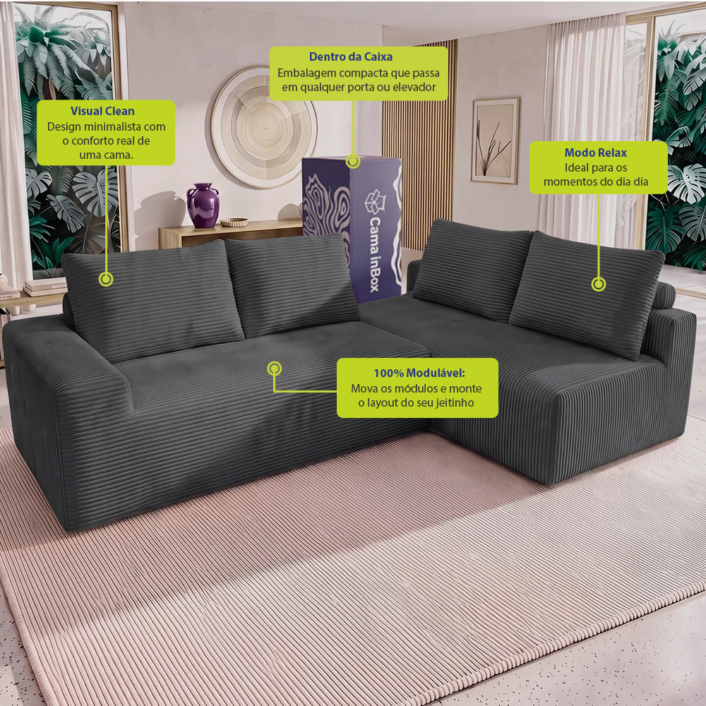 Sofá de Canto Modular Vibe Direito 2,70m x 1,70m Xpand Tech Tecido Velourê Cama inBox