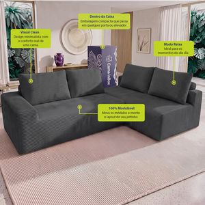 Sofá de Canto Modular Vibe Direito 2,70m x 1,70m Xpand Tech Tecido Velourê Cama inBox