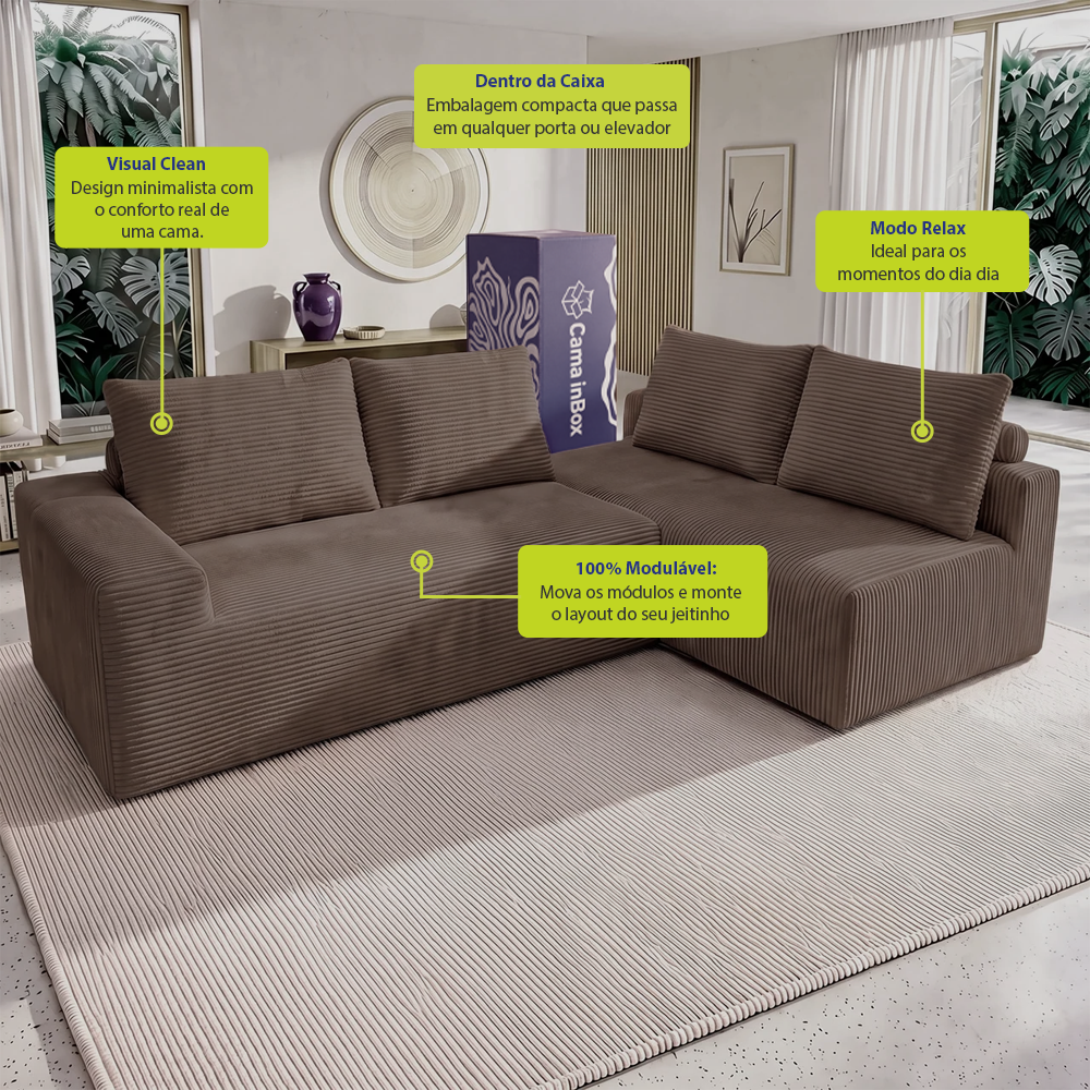 Sofá de Canto Modular Vibe Direito 2,70m x 1,70m Xpand Tech Tecido Velourê Cama inBox