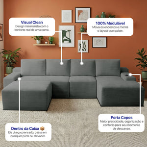 Sofá Evo com Chaise Lounge Velourê 4 módulos