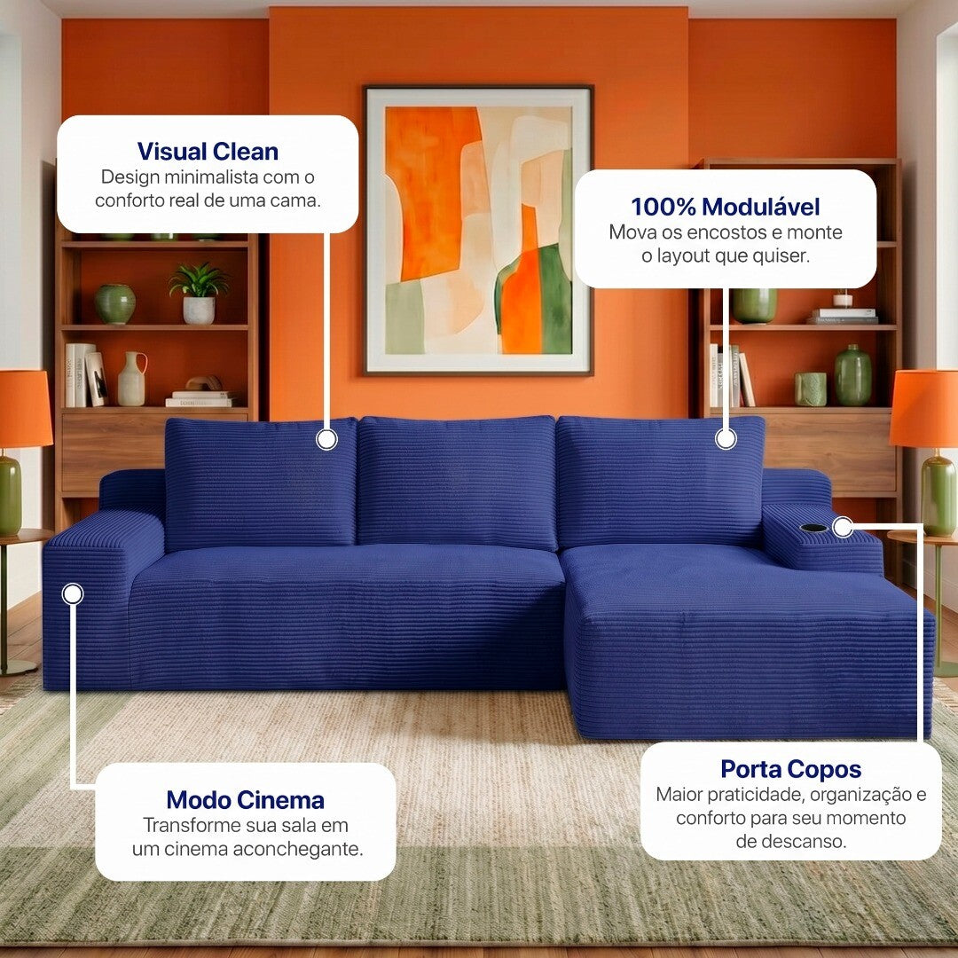 Sofá Evo com Chaise Lounge a Vácuo Velourê 3 módulos