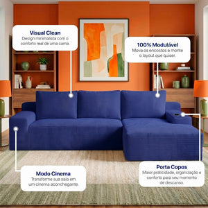 Sofá Evo com Chaise Lounge a Vácuo Velourê 3 módulos