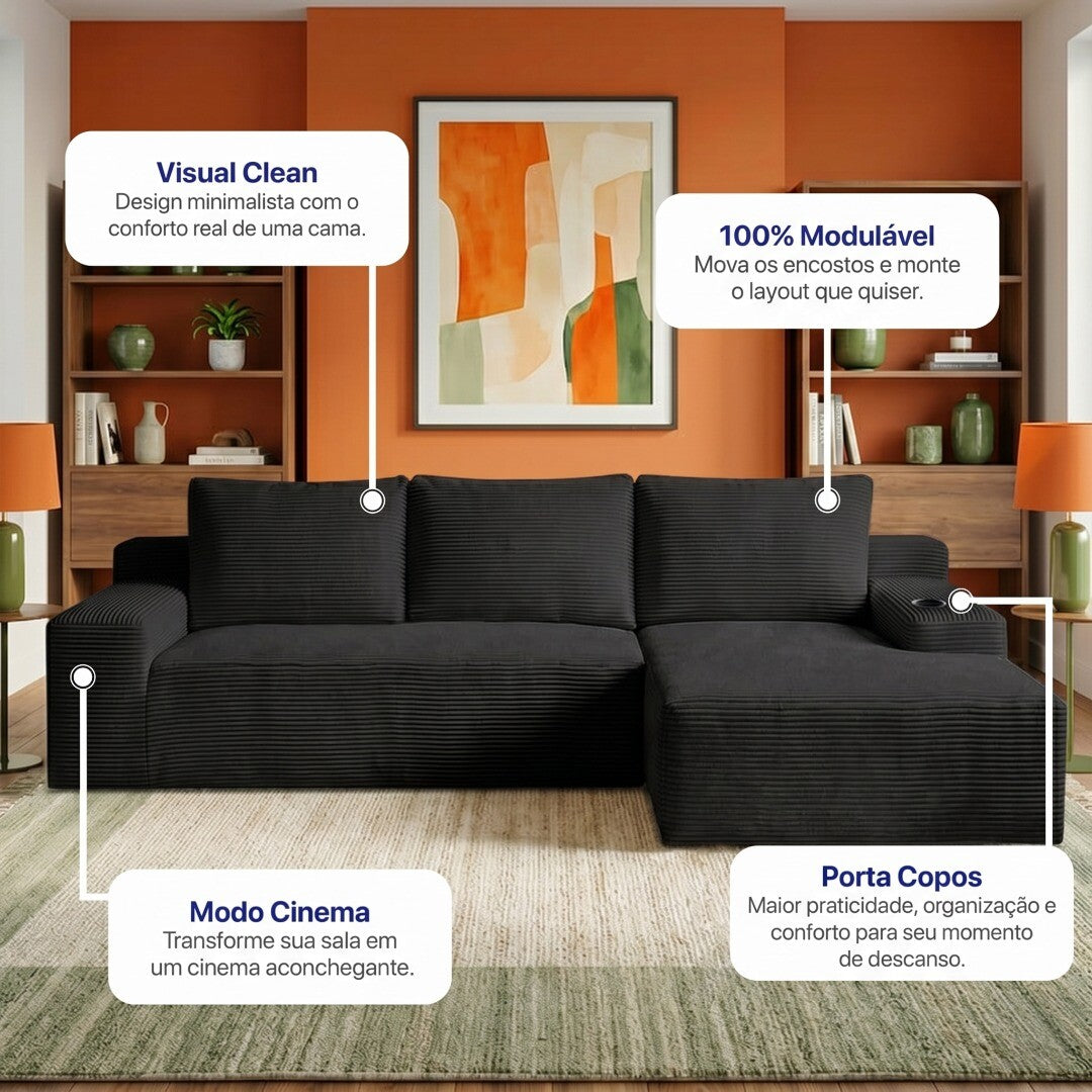 Sofá Evo com Chaise Lounge a Vácuo Velourê 3 módulos