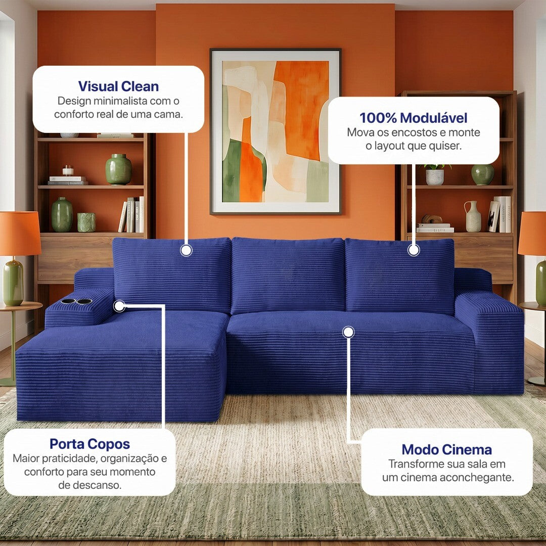 Sofá Evo com Chaise Lounge a Vácuo Velourê 3 módulos