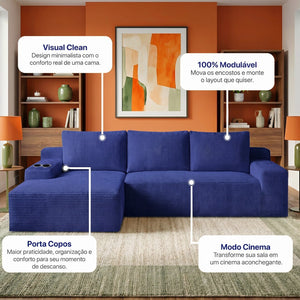Sofá Evo com Chaise Lounge a Vácuo Velourê 3 módulos