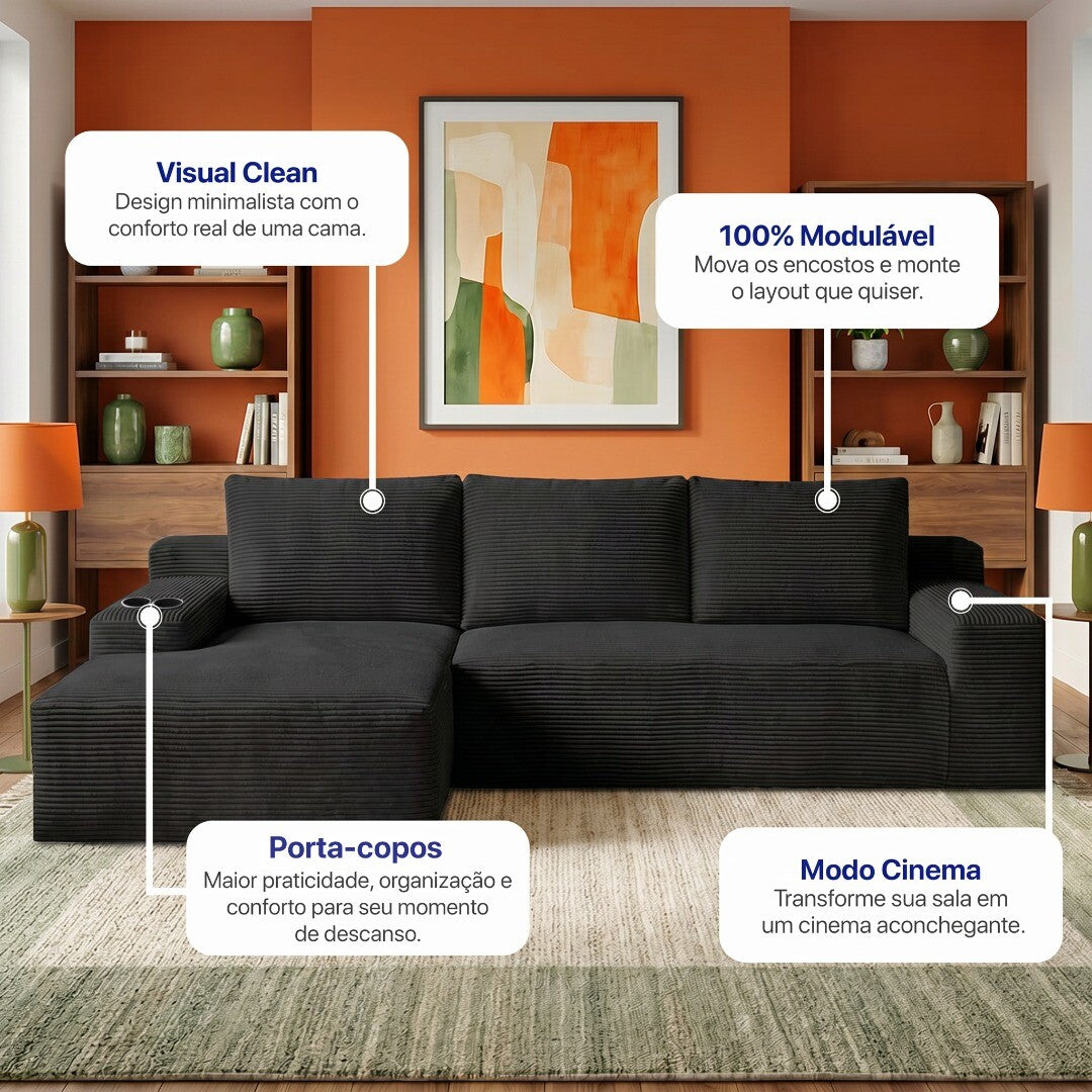 Sofá Evo com Chaise Lounge a Vácuo Velourê 3 módulos