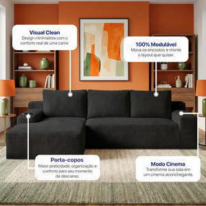 Sofá Evo com Chaise Lounge a Vácuo Velourê 3 módulos